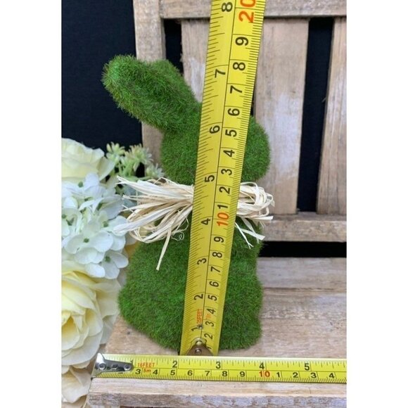 Easter Bunny Rabbit Lot Moss Flocked Covered Green Figurines Raffia Bow Set Farm - Picture 3 of 8